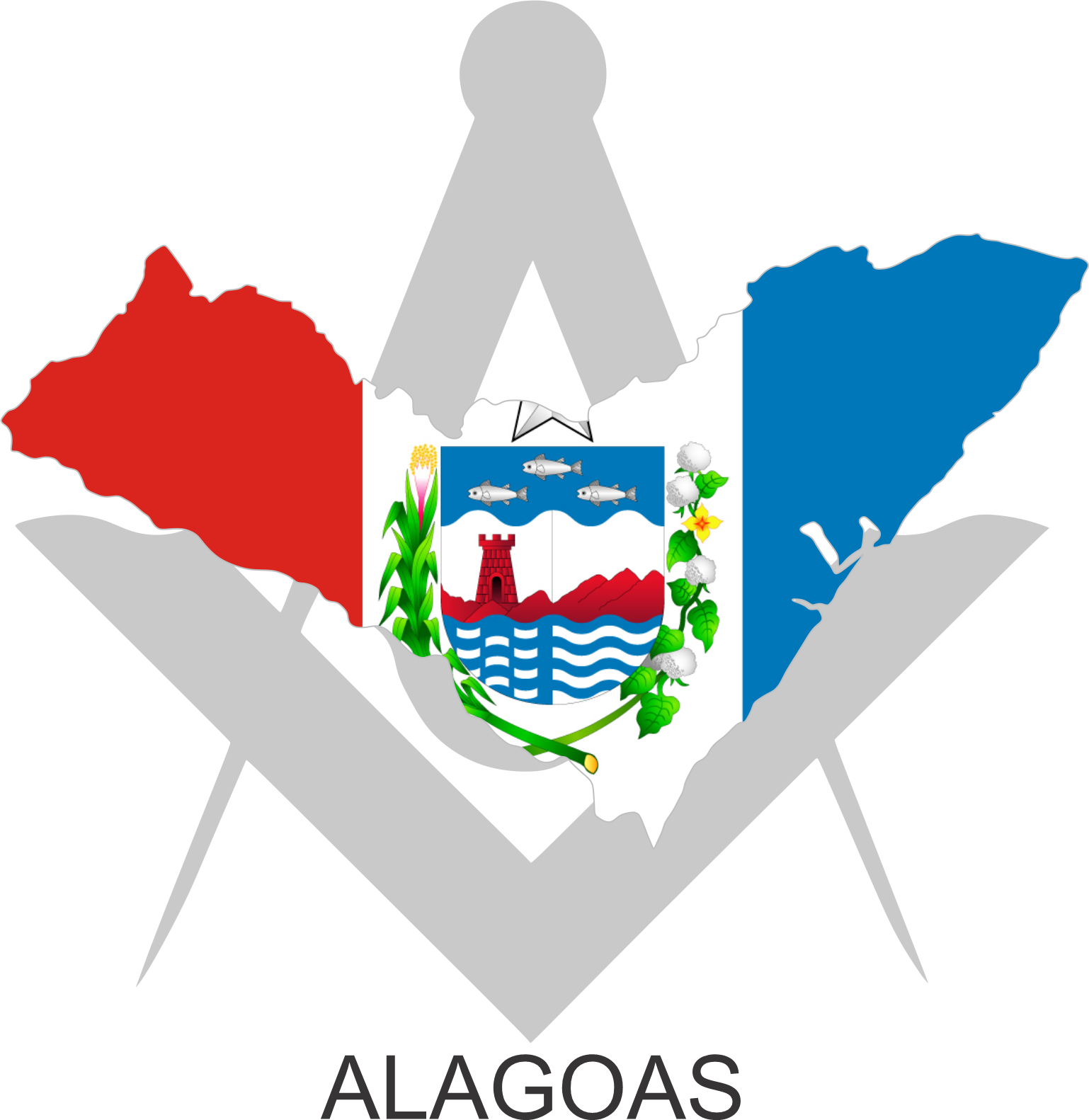 Bandeira do Estado de Alagoas sobre um esquadro e compasso