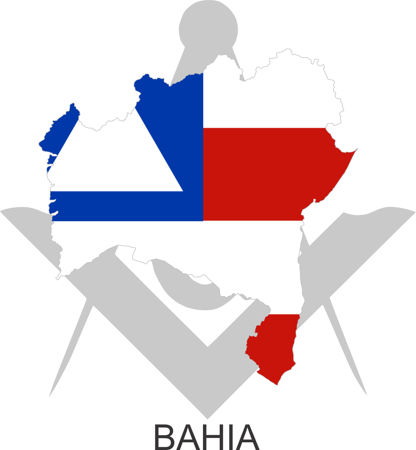 Bandeira do Estado da Bahia sobre um esquadro e compasso