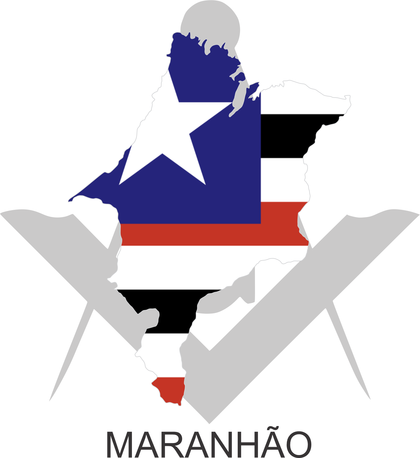 Bandeira do Estado do Maranhão sobre um esquadro e compasso