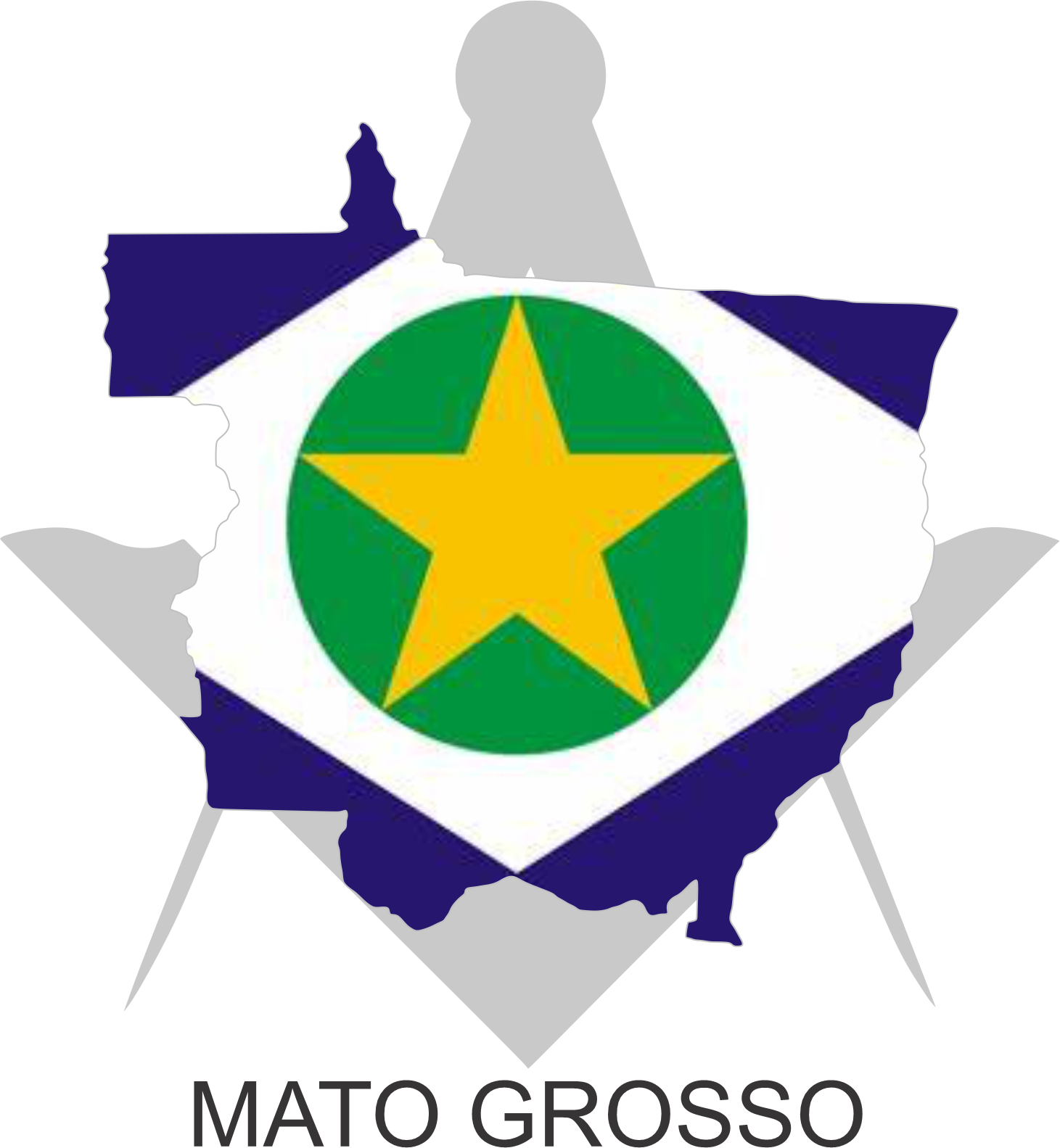 Bandeira do Estado de Mato Grosso sobre um esquadro e compasso