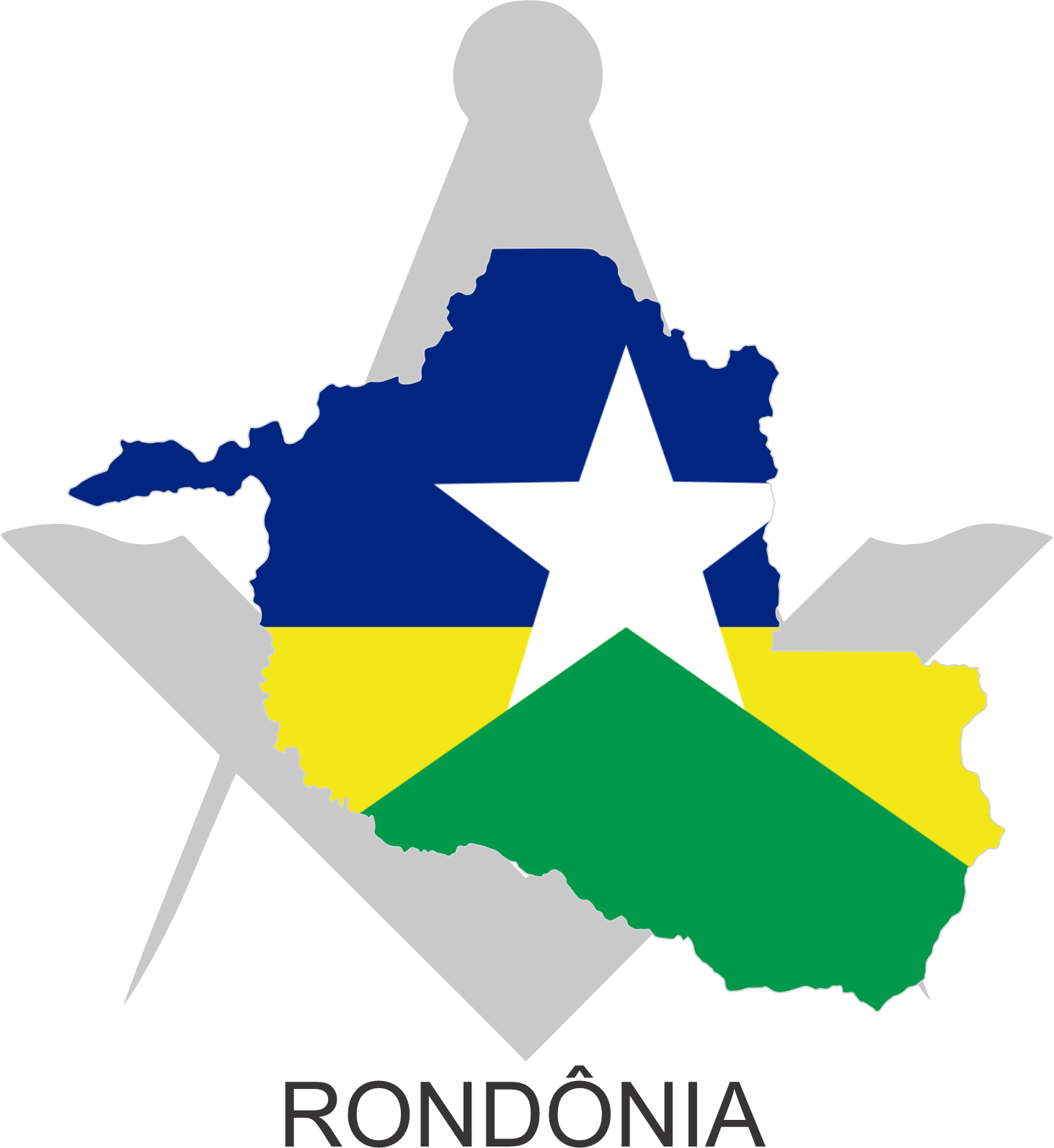 Bandeira do Estado de Rondônia sobre um esquadro e compasso