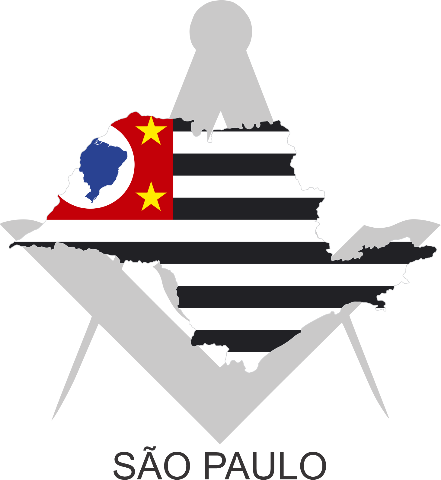 Bandeira do Estado de São Paulo sobre um esquadro e compasso